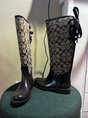 Coach Brown Signature Canvas & Black Leather Over-the-Knee Boots
